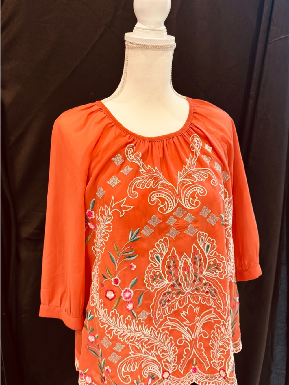Soft Surroundings Orange Embroidered Peasant Tunic